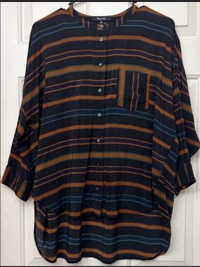 Madewell 100% Silk Shirt Medium M Striped Hi-Low Band Collar Button Up Top